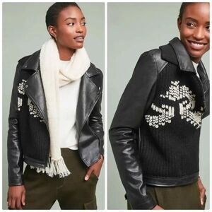 Ett Twa By Anthropologie Women’s Jacket Trimmed Faux Leather Sweater Moto Black